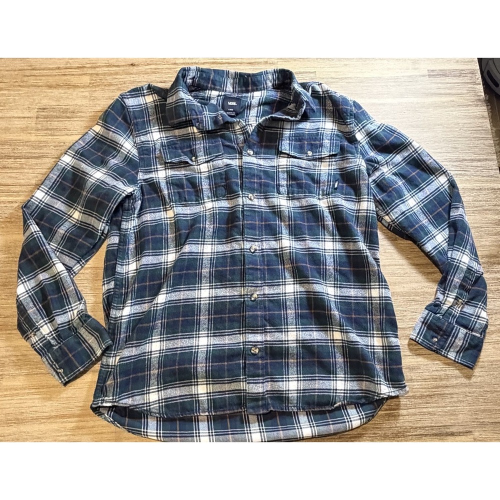 VANS Long Sleeve Flannel Button Down Plaid Green/navy/ White/yellow Size Large